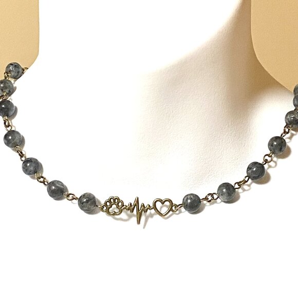 Natural Dark Larvikite Necklace, Bronze Paw Print Heart Beat + Genuine Gemstone - Picture 2 of 14